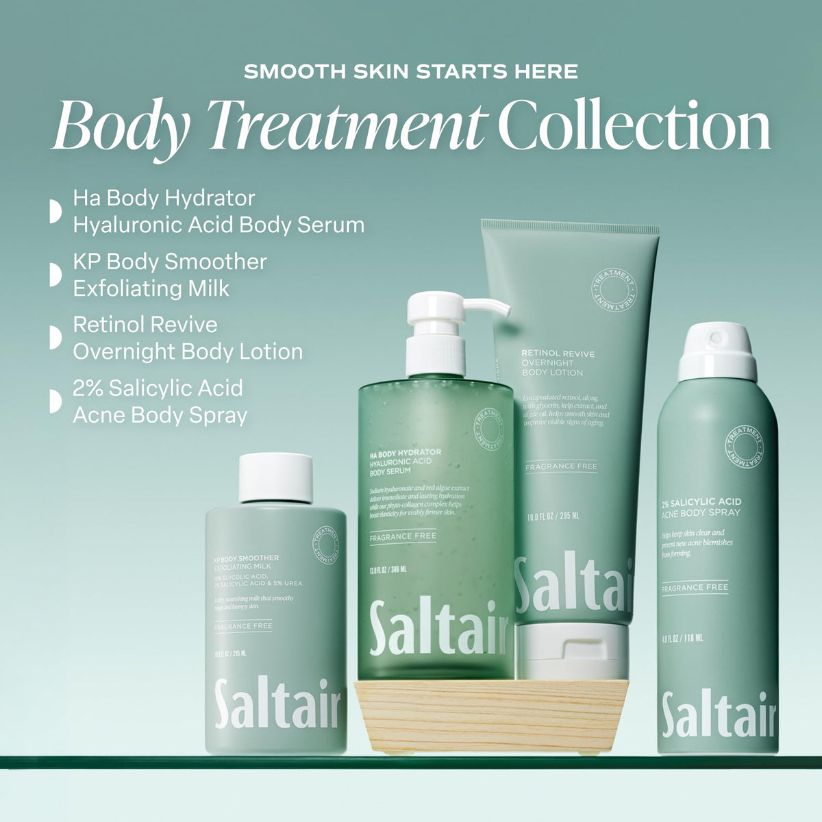 Saltair Hyaluronic Acid Body Serum packaging on a bathroom shelf