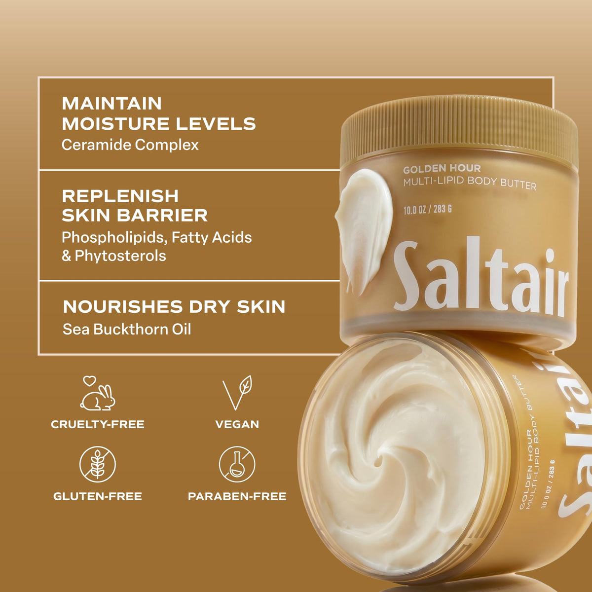 Saltair Multi-Lipid Body Butter 10 oz with a hand applying the cream