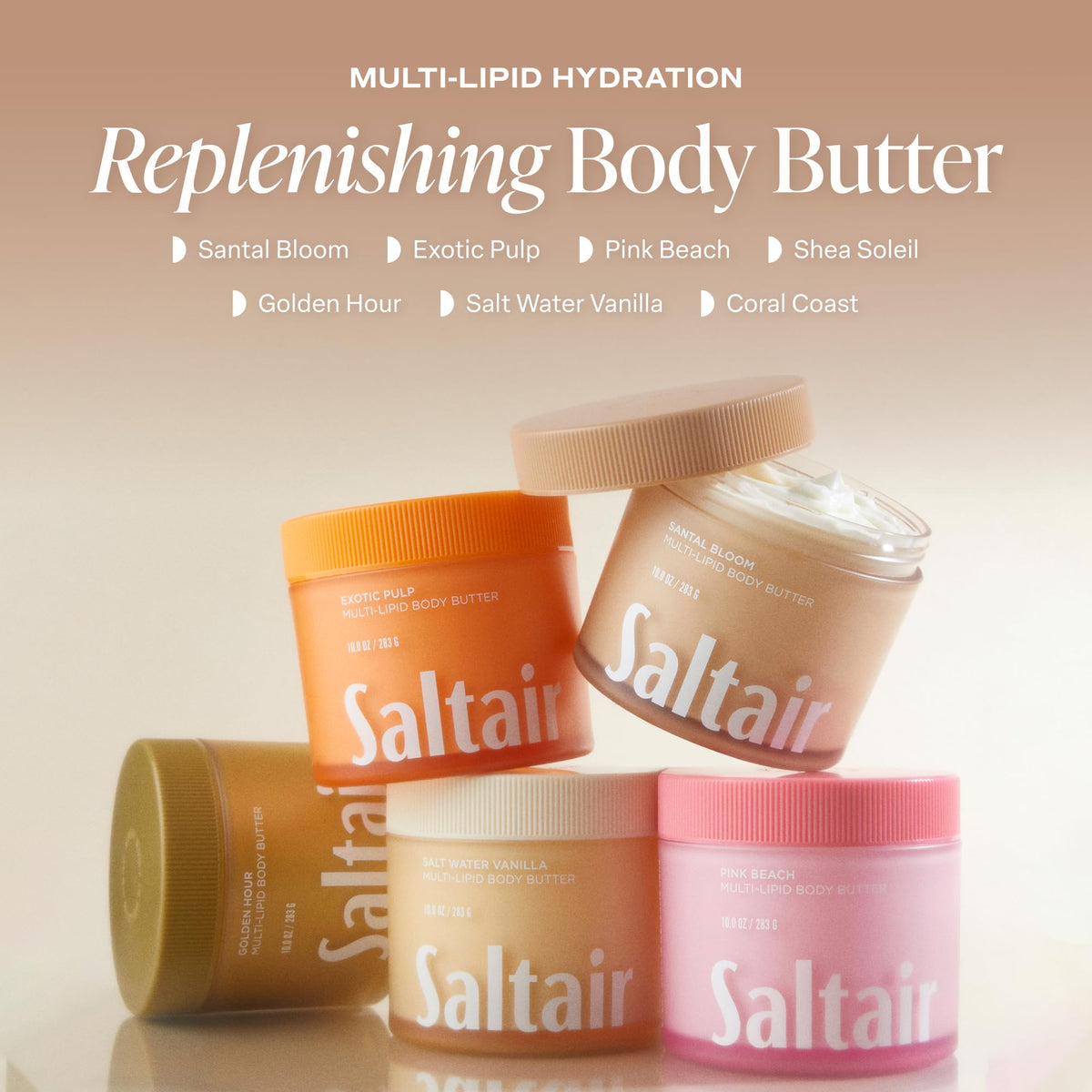 Saltair Multi-Lipid Body Butter Santal Bloom on a bathroom counter