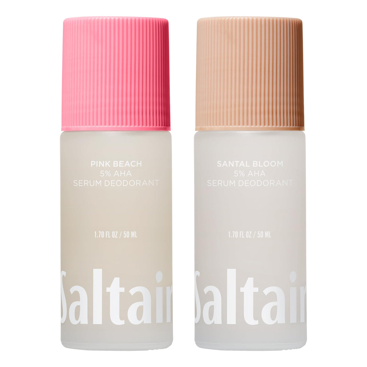 Saltair Serum Deodorant 2 Pack front view with Santal Bloom and Pink Beach scents