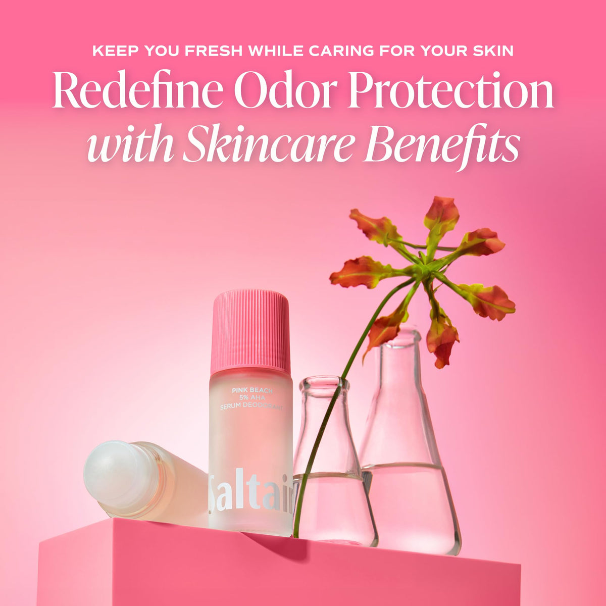 Saltair Serum Deodorant 5% AHA Pink Beach with tropical background