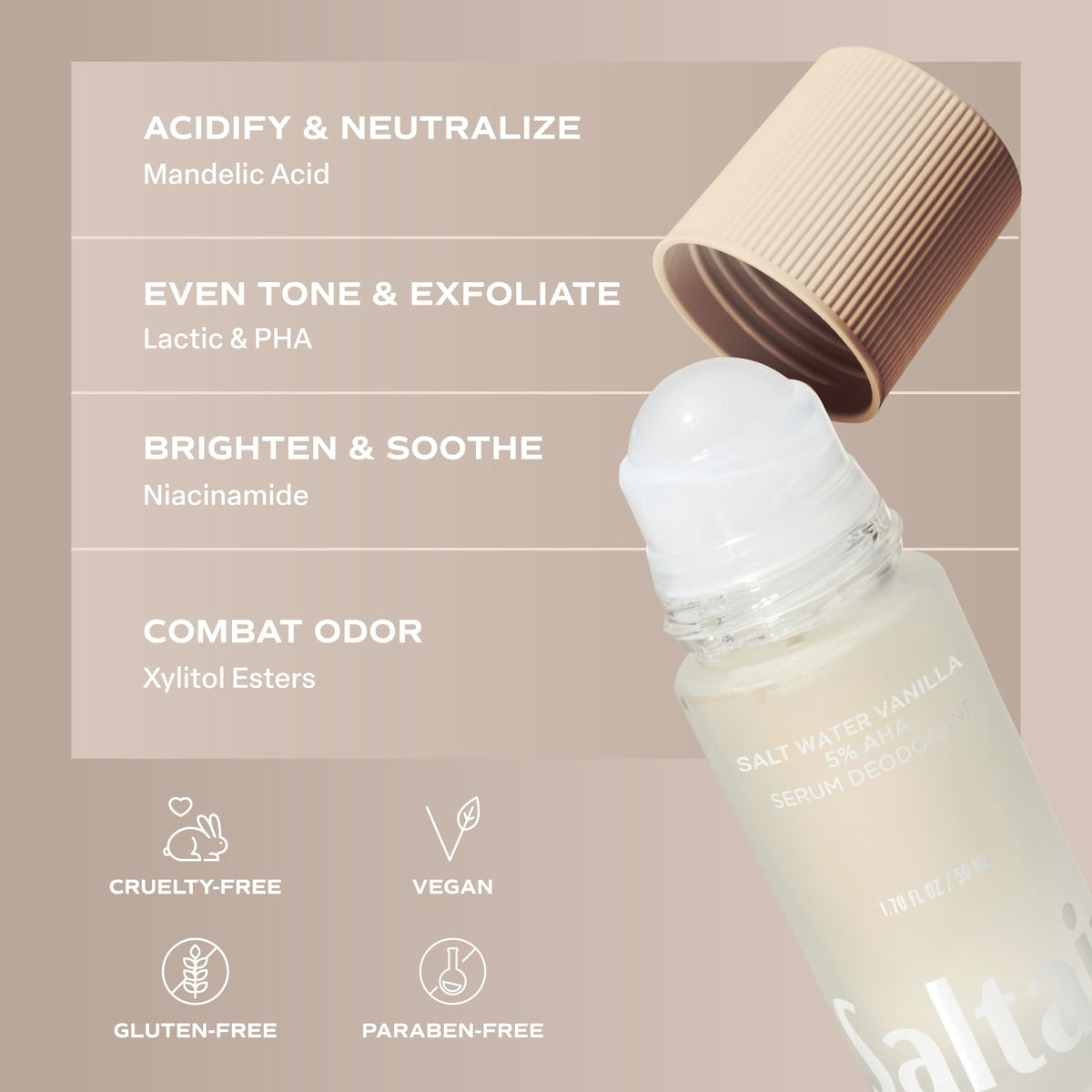 Saltair Serum Deodorant 5% AHA Roll-On in a beauty routine setup