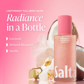 Saltair Shimmering Body Oil bottle with tropical background