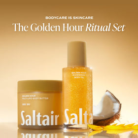 Saltair Shimmering Body Oil with tropical background