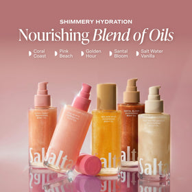 Saltair Shimmering Body Oil with tropical plants in background