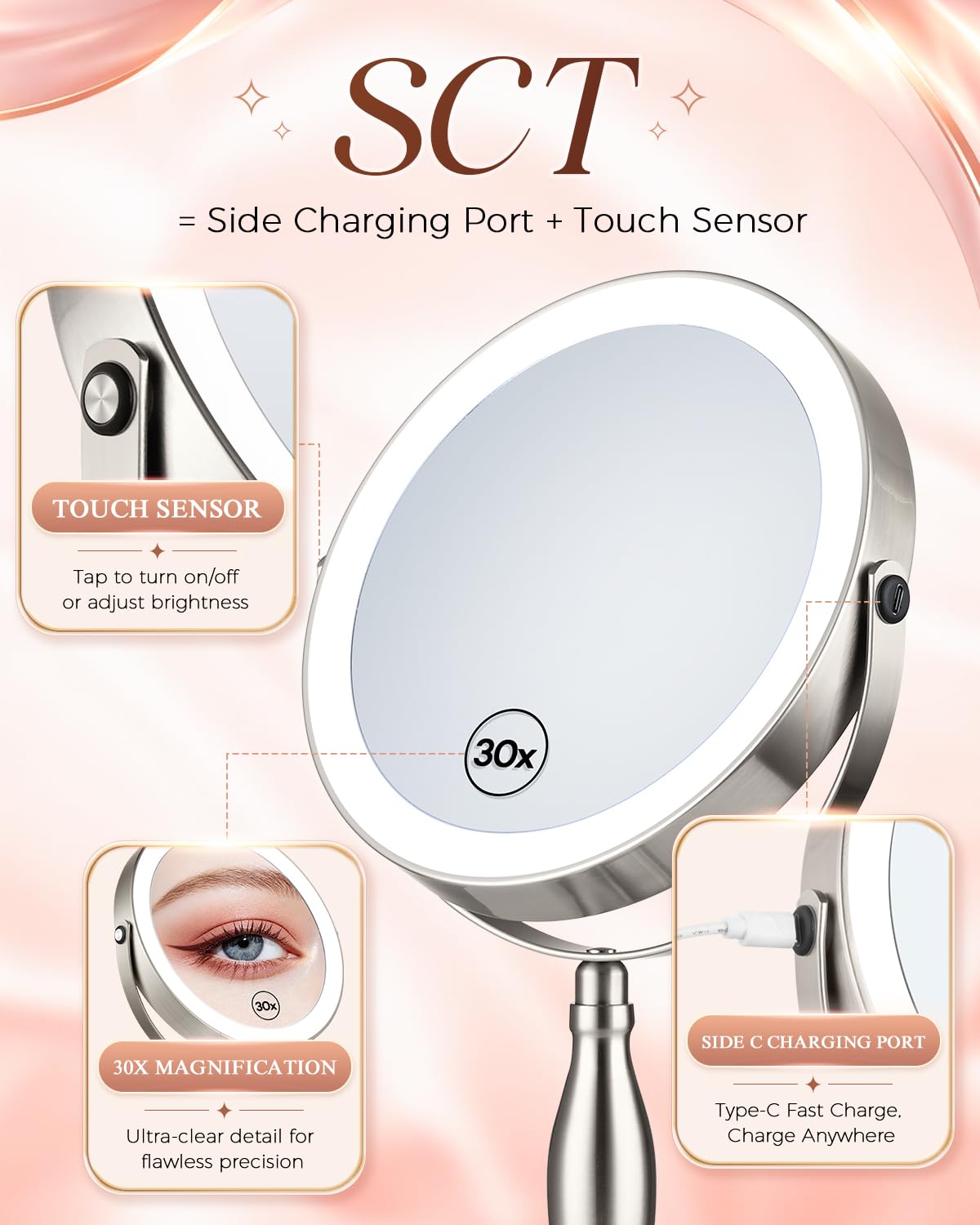 SANFANGIE Makeup Mirror showing side touch control feature