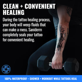 Saniderm aftercare bandage displayed alongside tattoo supplies