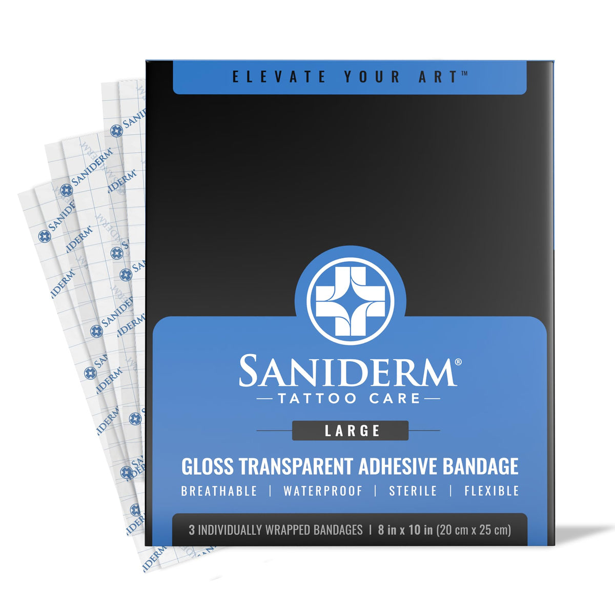 Saniderm Tattoo Aftercare Bandage 3 Sheets front packaging view