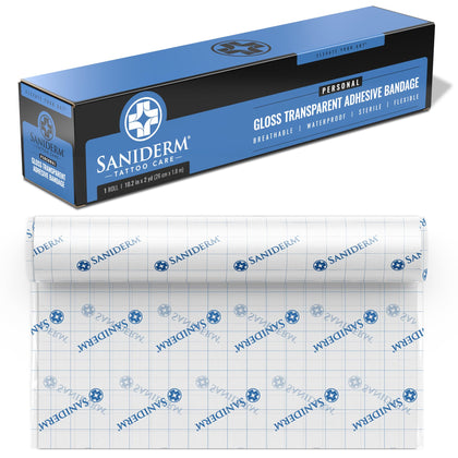 Saniderm Tattoo Aftercare Bandage front view with packaging
