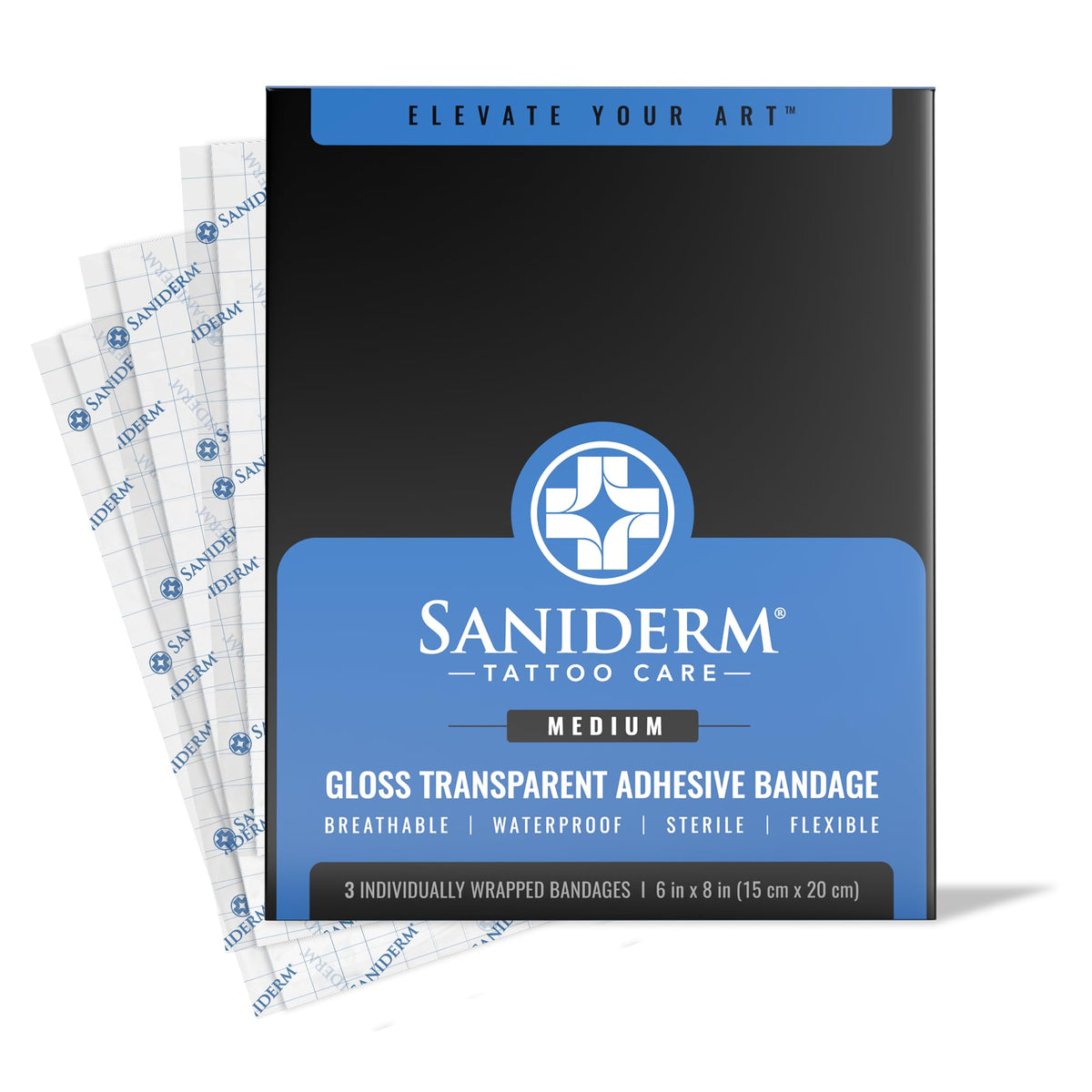 Saniderm Tattoo Aftercare Bandage pack front view, 3 sheets included