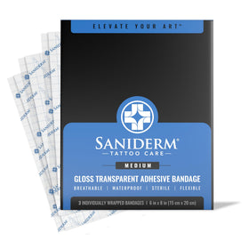 Saniderm Tattoo Aftercare Bandage pack front view, 3 sheets included
