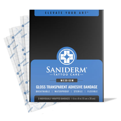 Saniderm Tattoo Aftercare Bandage pack front view, 3 sheets included