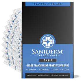 Saniderm Tattoo Aftercare Bandage pack front view showing 10 sheets