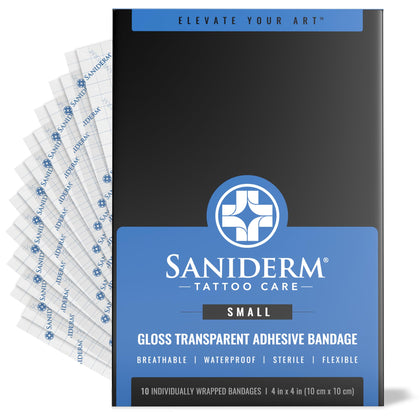 Saniderm Tattoo Aftercare Bandage pack front view showing 10 sheets