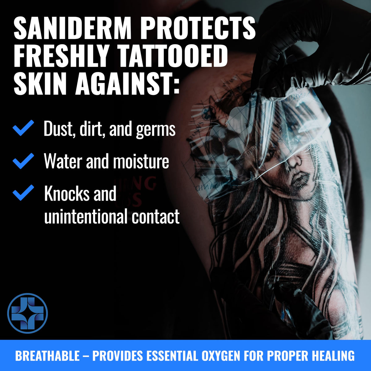 Saniderm tattoo bandage in a bathroom setting