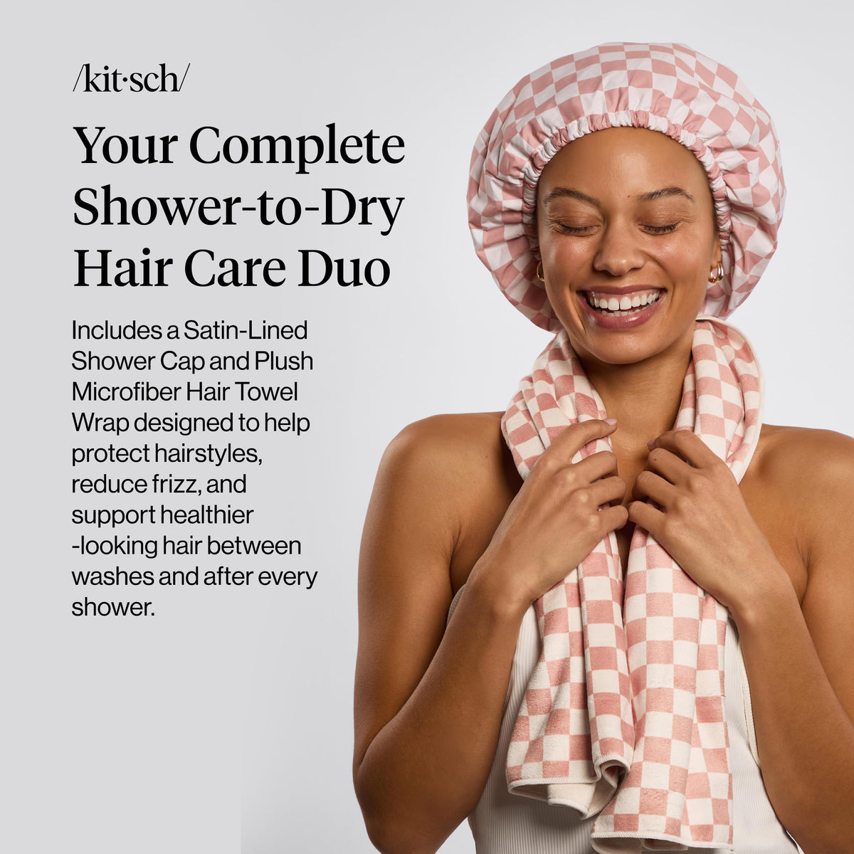 Satin-lined flexi shower cap included with Kitsch hair towel wrap