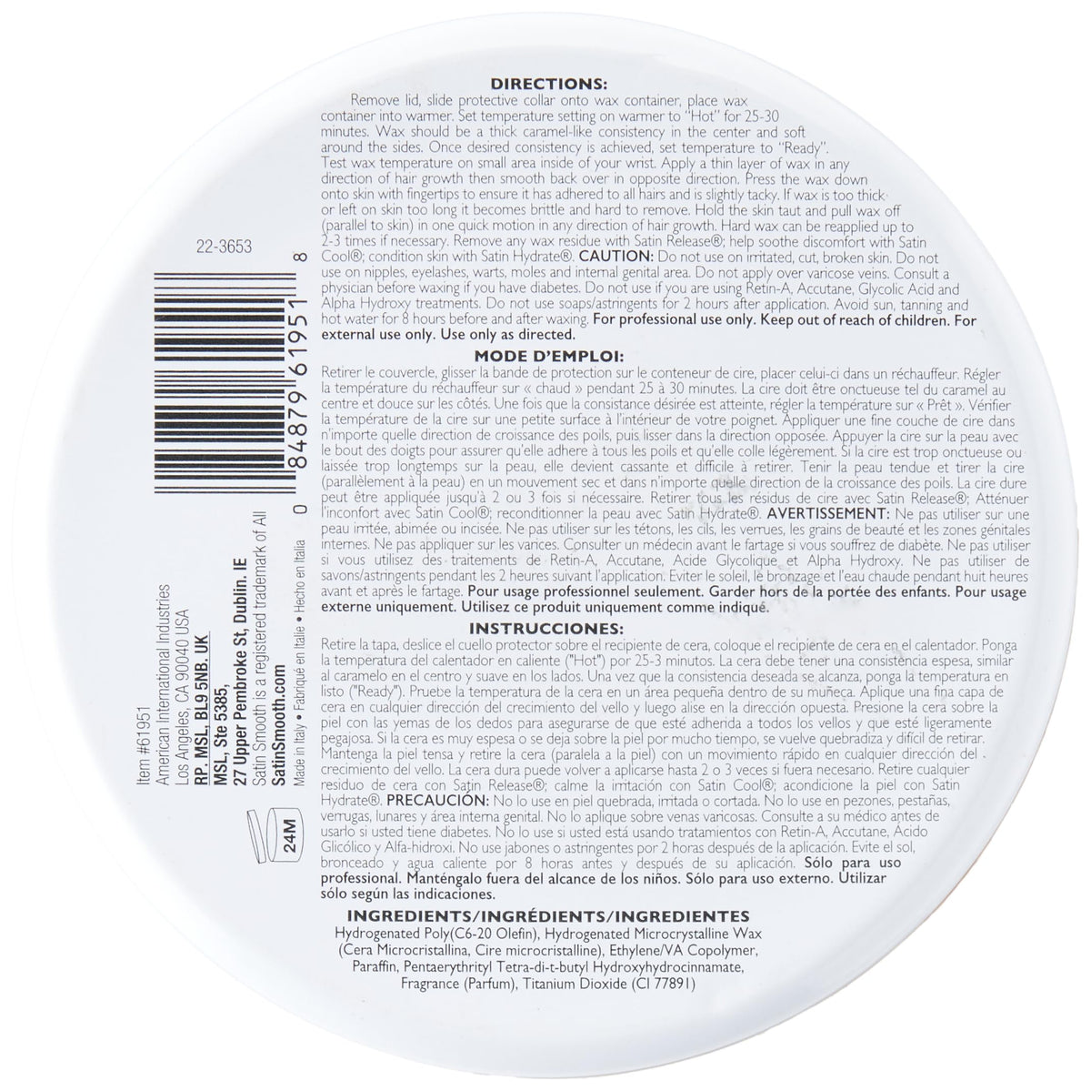 SATIN SMOOTH Coconut Aroma Hard Wax packaging with product details