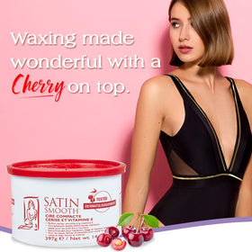 Satin Smooth Wild Cherry Hard Wax 14oz with ingredients display