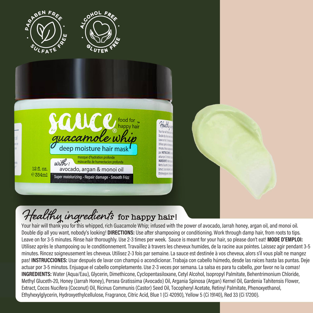SAUCE BEAUTY Deep Conditioning Hair Mask Guacamole Whip in bathroom setting