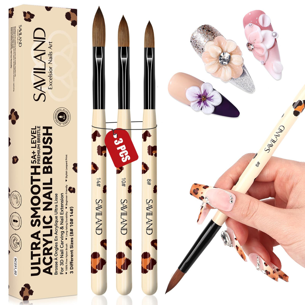 SAVILAND Acrylic Nail Brush Set 3Pcs with leopard print design