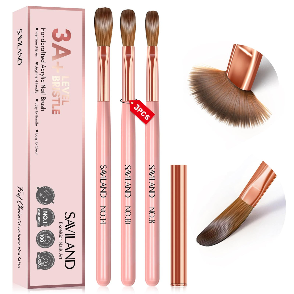 SAVILAND Acrylic Nail Brush Set 3PCS with pink handles