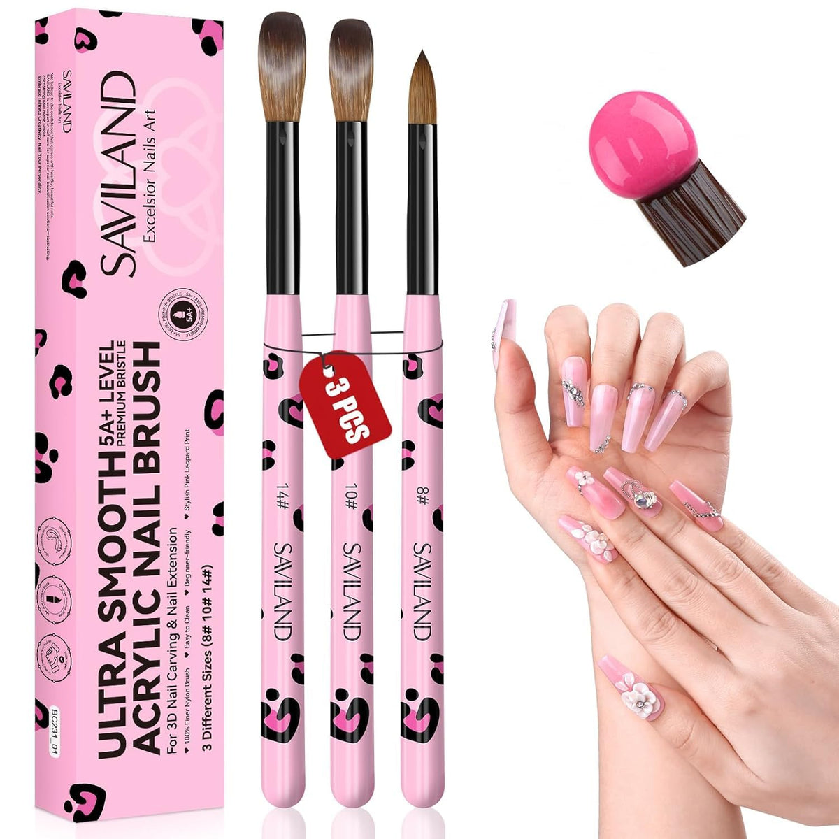 SAVILAND Acrylic Nail Brush Set with sizes 8, 10, and 14