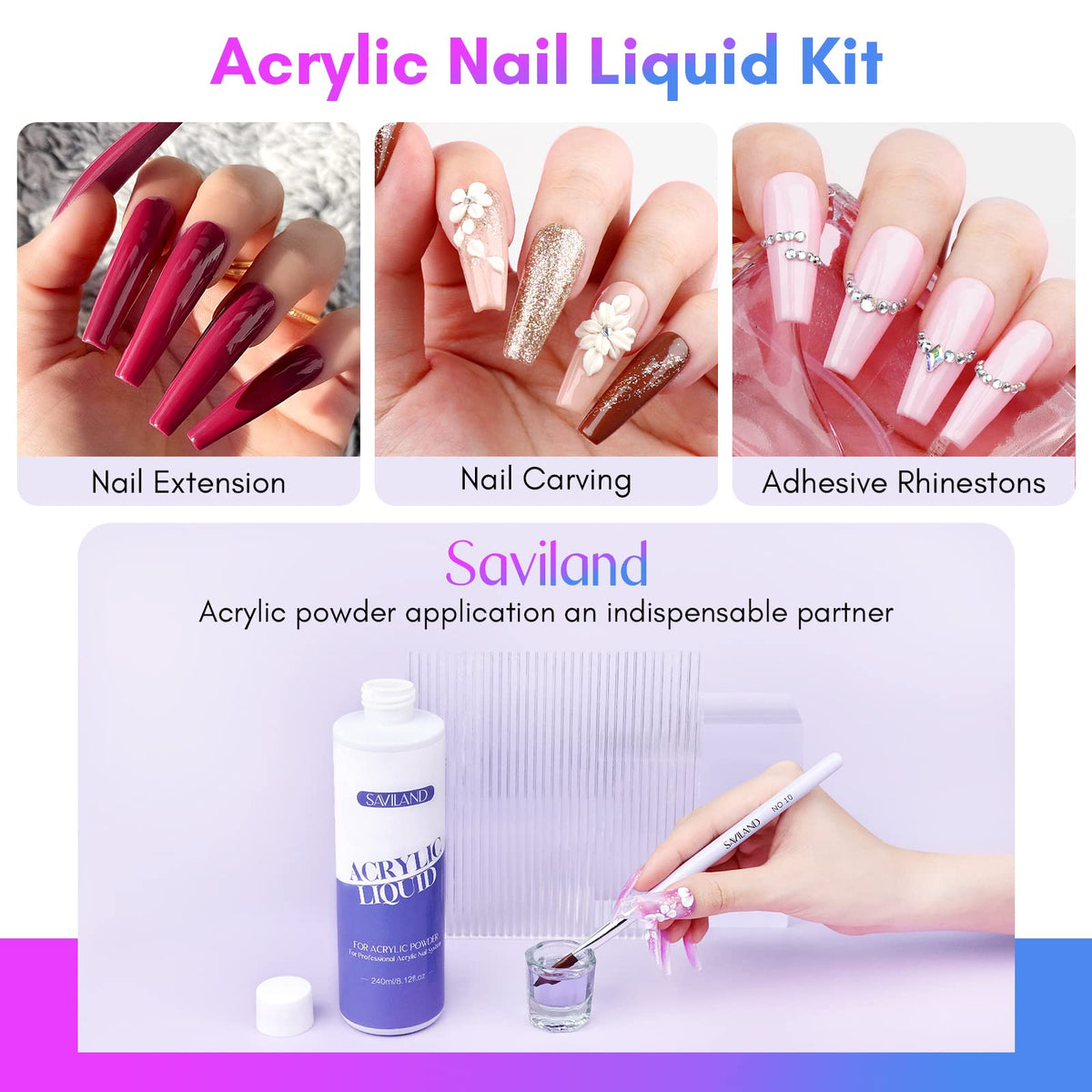 SAVILAND Acrylic Nail Brushes sizes 8, 10, 14