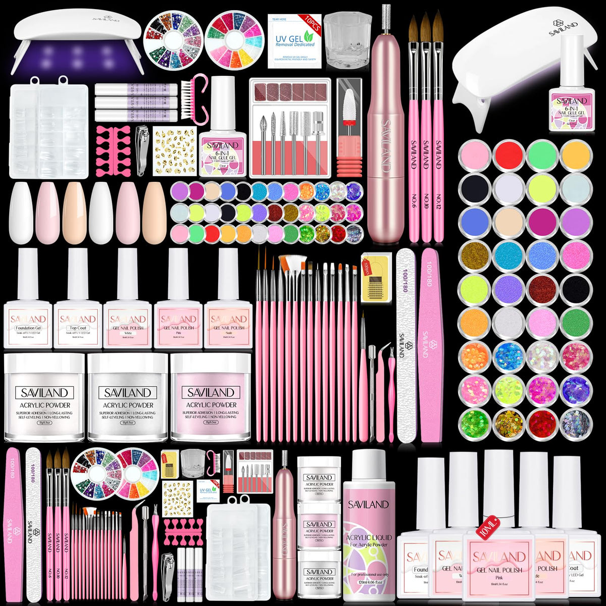 SAVILAND Acrylic Nail Kit components including powders and tools