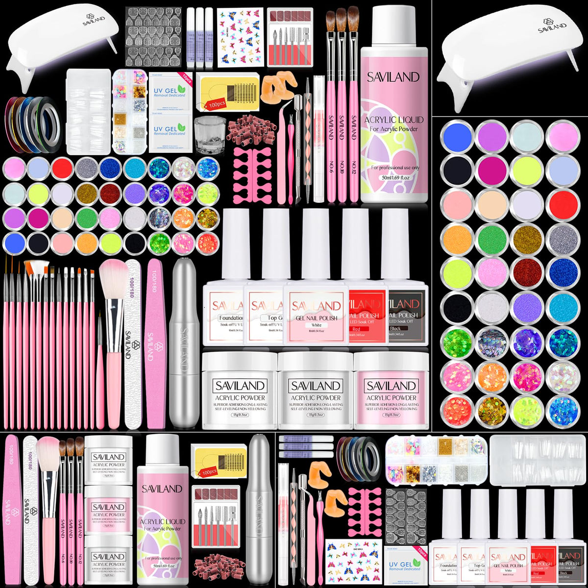 SAVILAND Acrylic Nail Kit contents including drill and UV lamp