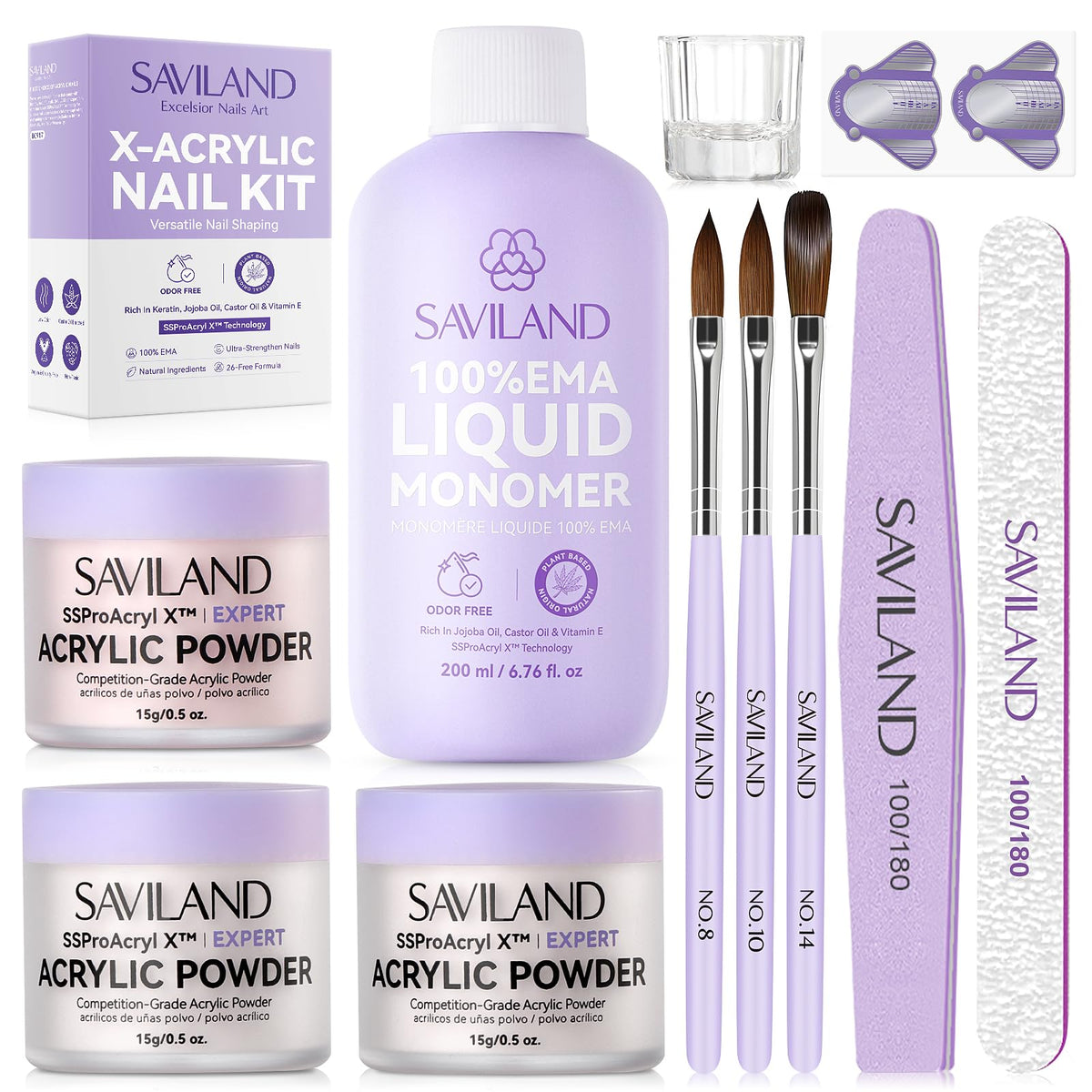 SAVILAND Acrylic Nail Kit including clear, pink, and white acrylic powders