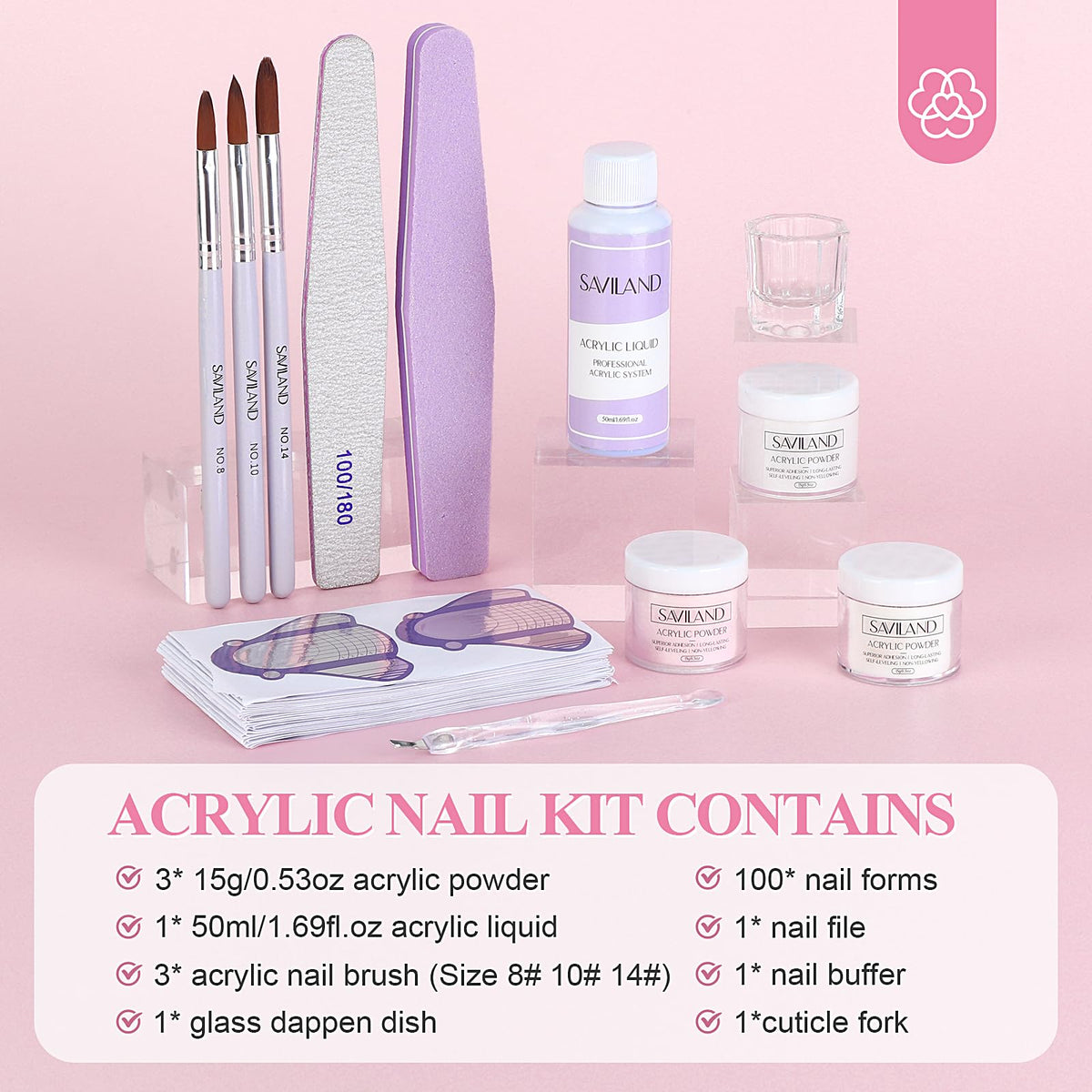 SAVILAND Acrylic Nail Kit tools including brushes and nail forms