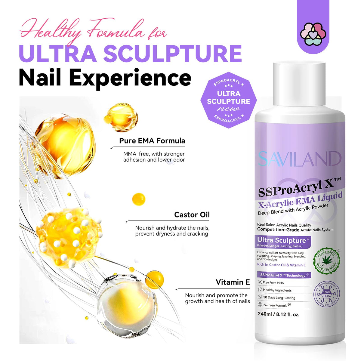 SAVILAND Acrylic Nail Liquid 240ml bottle front view