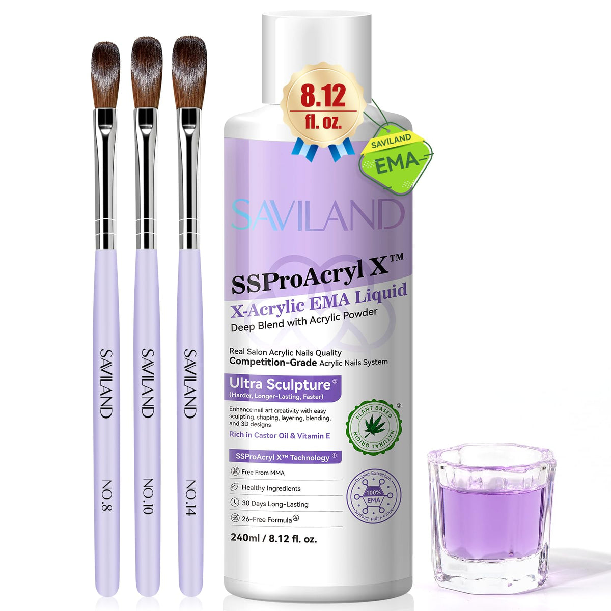 SAVILAND Acrylic Nail Liquid Kit 240ml with brushes and dappen dish
