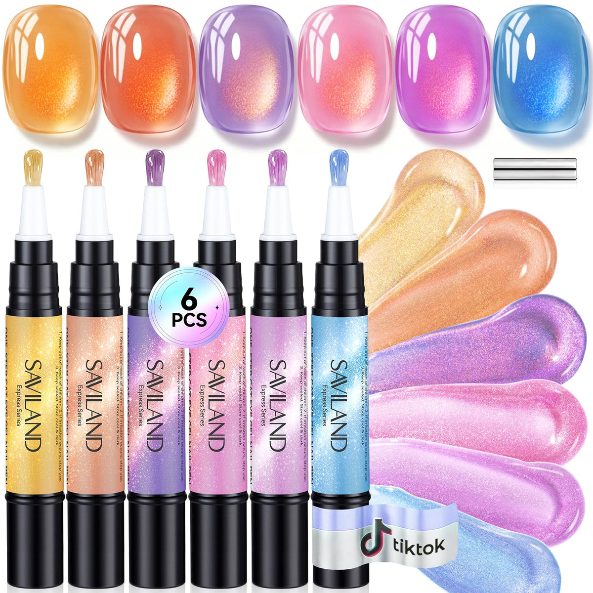 SAVILAND Cat Eye One-Step Gel Nail Polish Pens, 6 colours front view