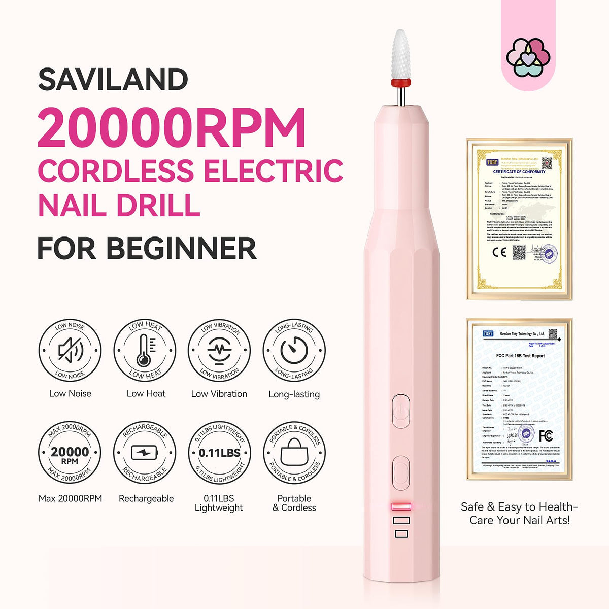 SAVILAND Cordless Nail Drill Kit side view showing ergonomic design