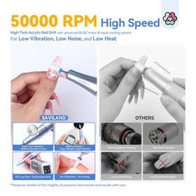 SAVILAND Electric Nail Drill Kit 50000RPM displaying battery and speed settings