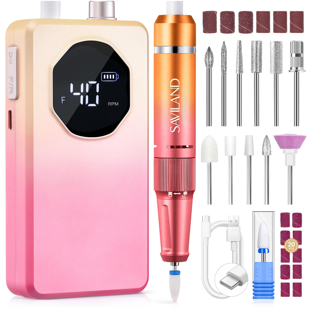 SAVILAND Electric Nail Drill Kit front view with various bits