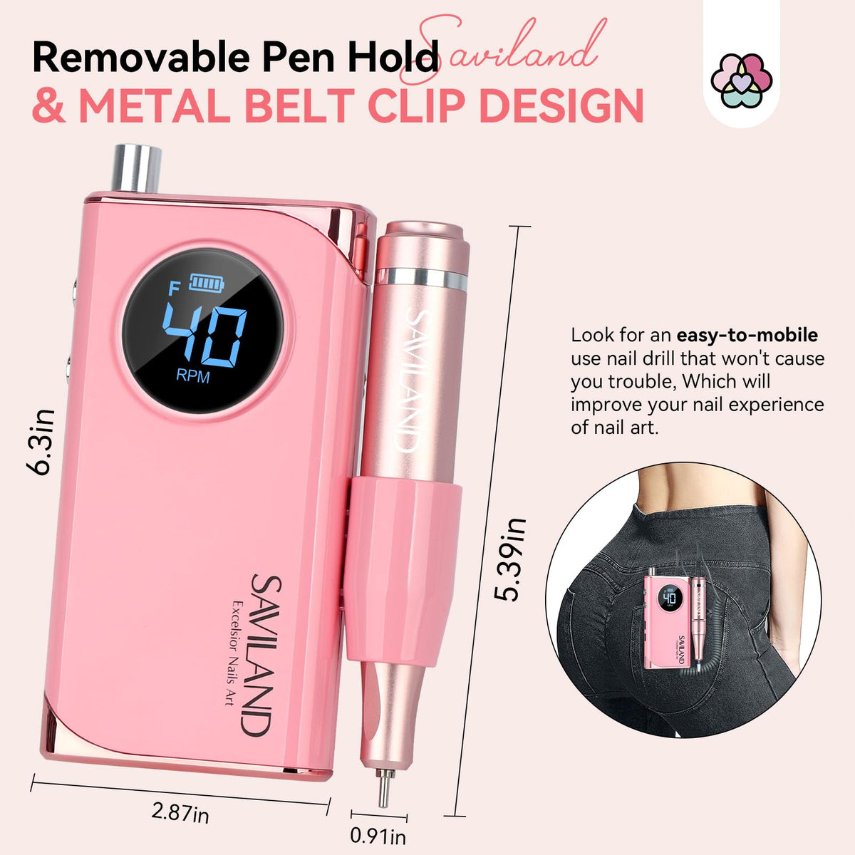 SAVILAND Electric Nail Drill with backside clip