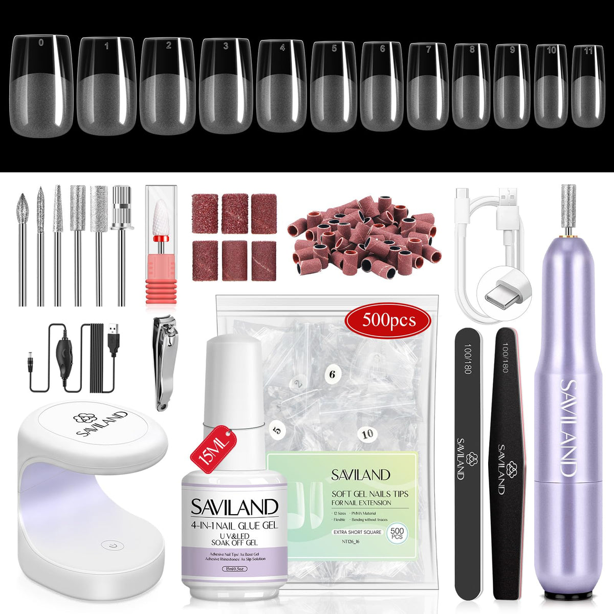 SAVILAND Extra Short Square Gel Nail Tips Kit with UV Lamp and tools