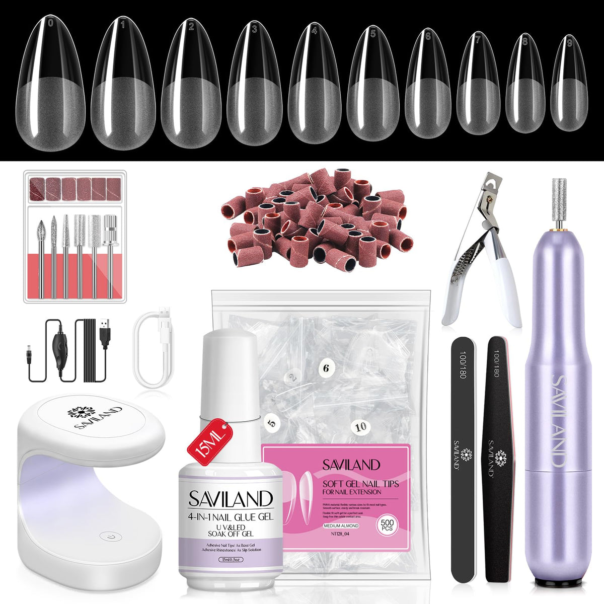 SAVILAND Gel Nail Kit with 500 medium almond tips and UV lamp
