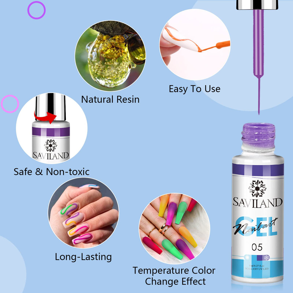 SAVILAND gel nail polish applied on nails with unique effects