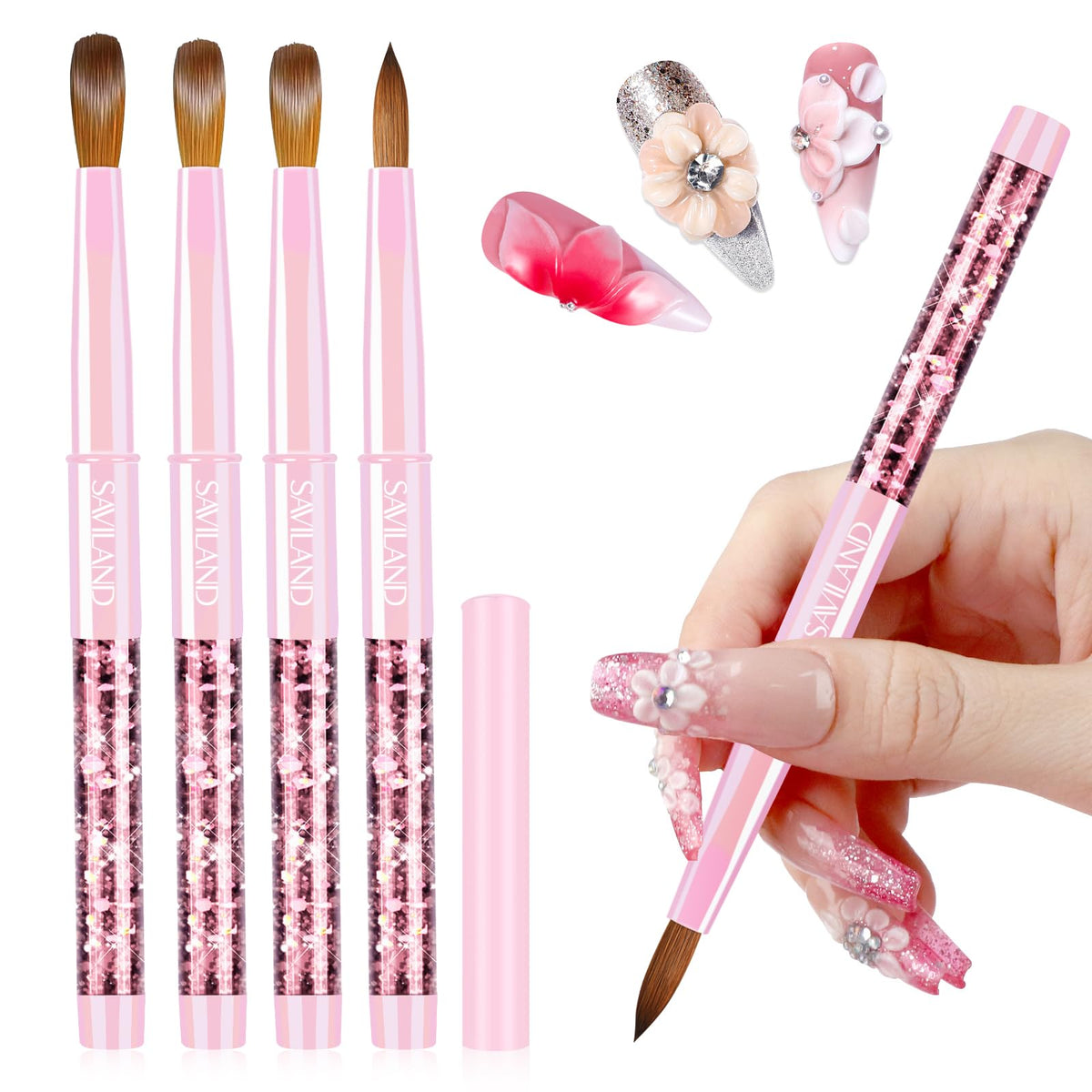 SAVILAND Kolinsky Acrylic Nail Brush Set front view showing sizes 6, 10, 12, 14
