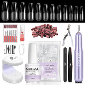 SAVILAND Long Coffin Soft Gel Nail Tips Kit with UV lamp and accessories