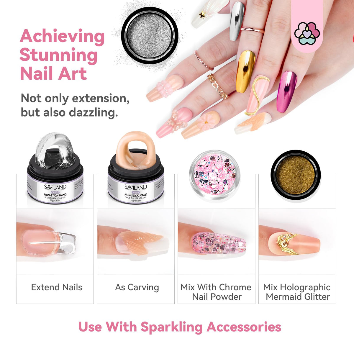 SAVILAND nail art with holographic mermaid glitter