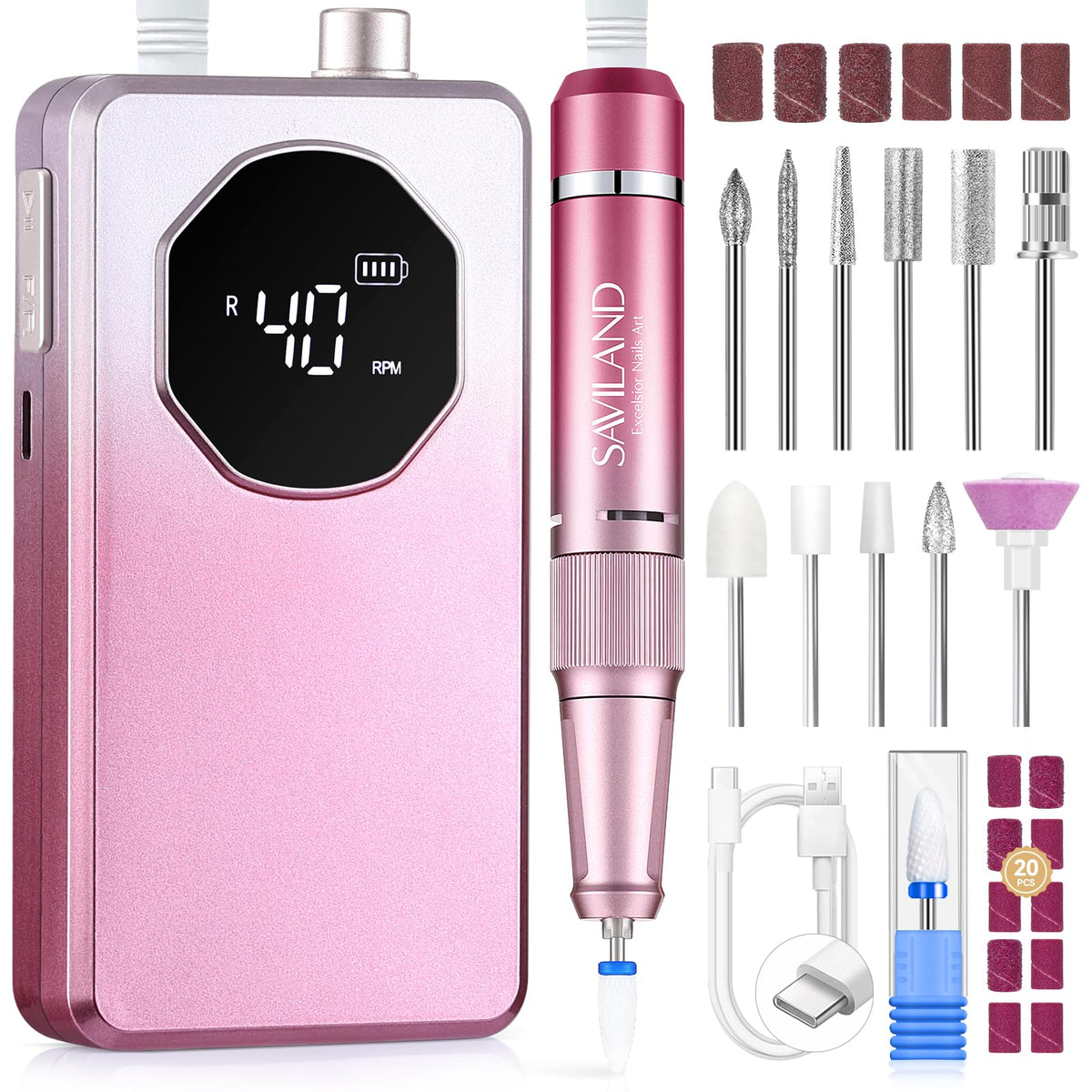 SAVILAND Nail Drill front view with pink-white pearl gradient finish