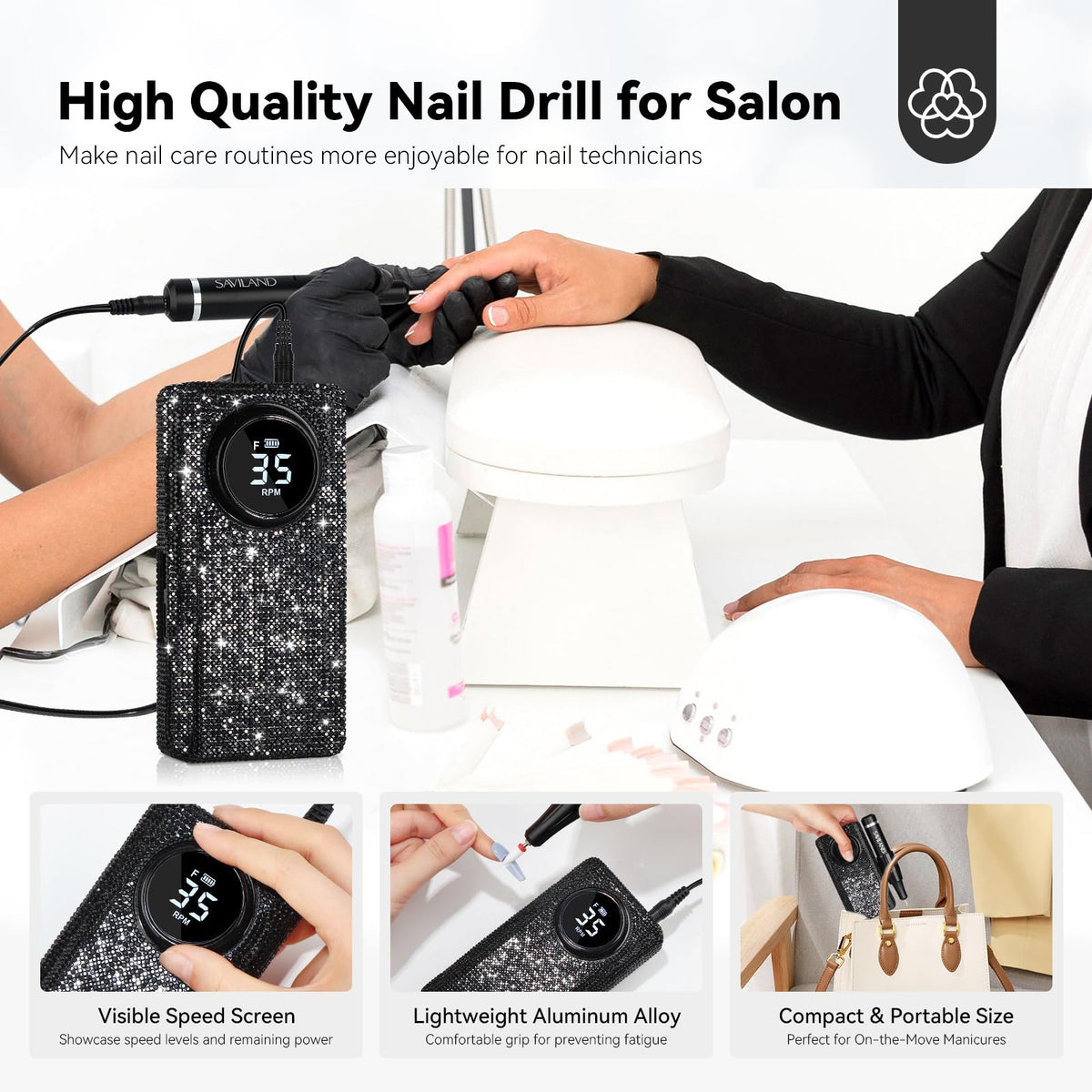 SAVILAND nail drill in lifestyle setting with nails being done