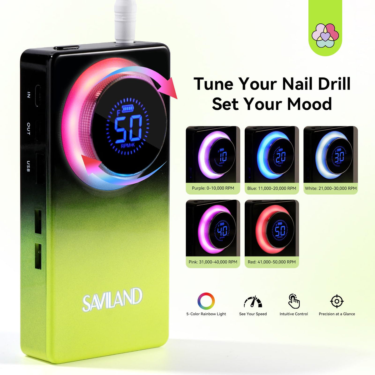 SAVILAND Nail Drill LCD screen displaying battery and RPM