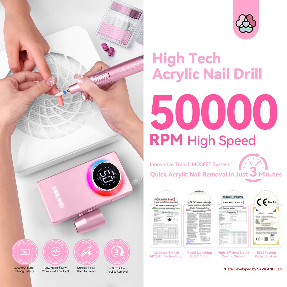 SAVILAND Nail Drill LCD screen displaying speed and battery