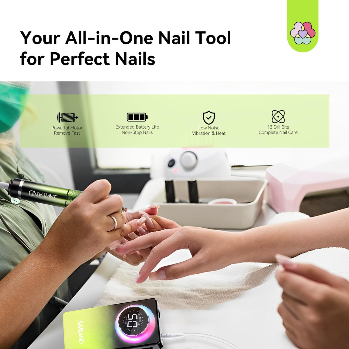 SAVILAND Nail Drill showing five-color rainbow light system