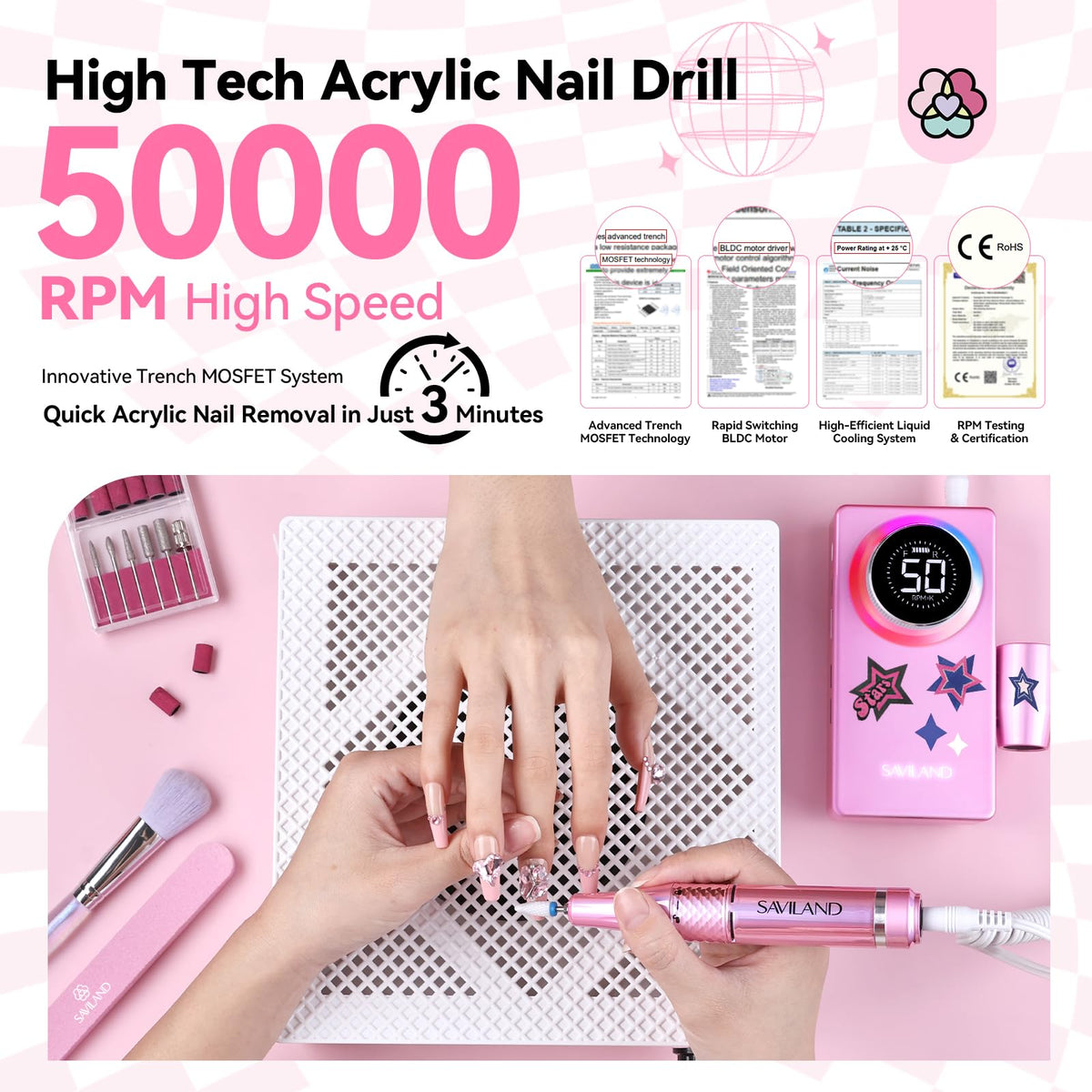 SAVILAND Nail Drill showing five-color rainbow light system
